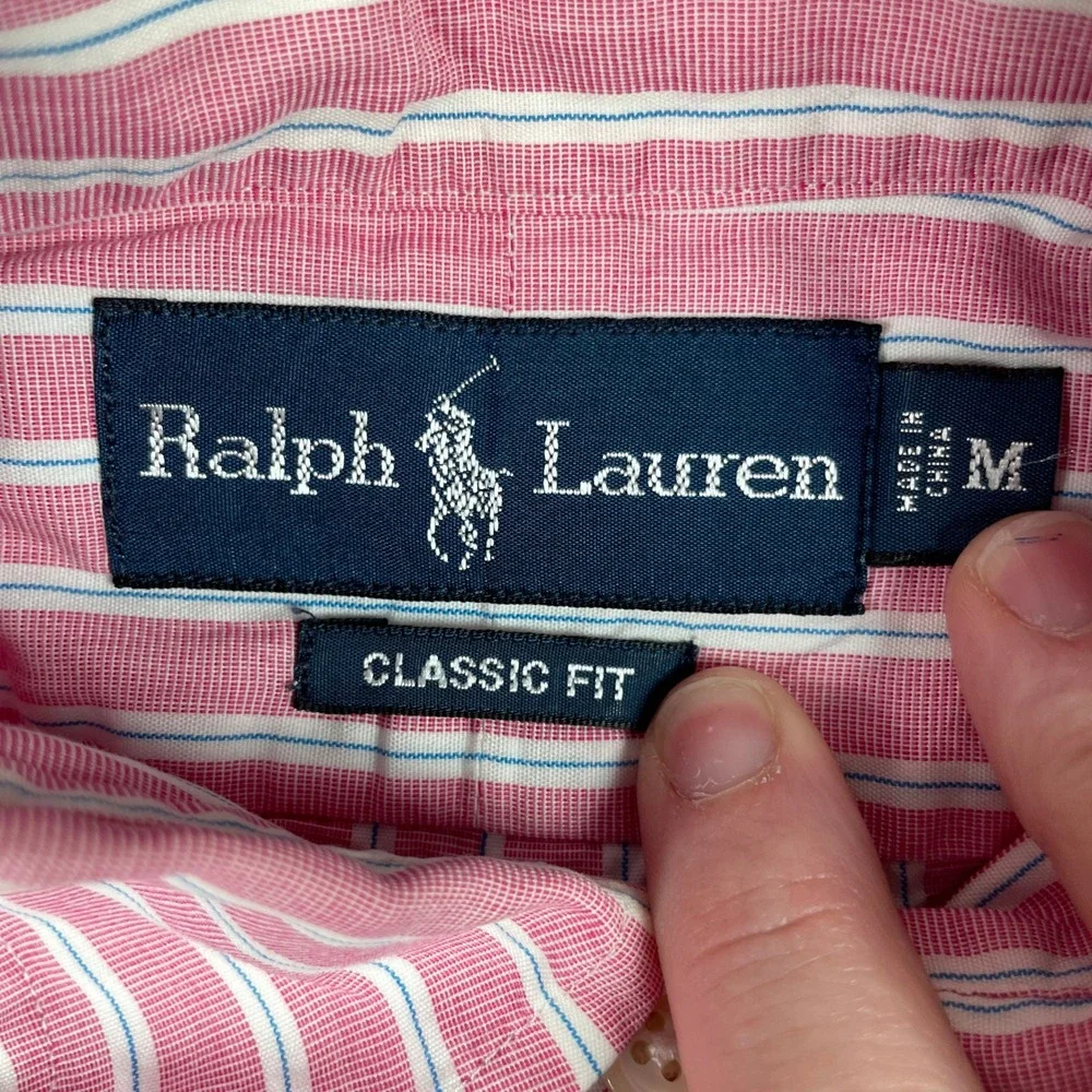 Vintage Ralph Lauren Shirt Mens M Pink Striped Classic Fit Button Preppy 90s